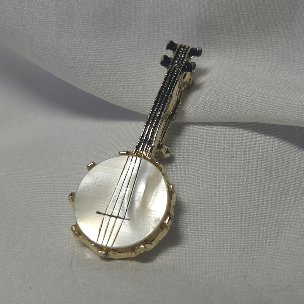Vintage Gold Tone Mother of Pearl Banjo Brooch Pin